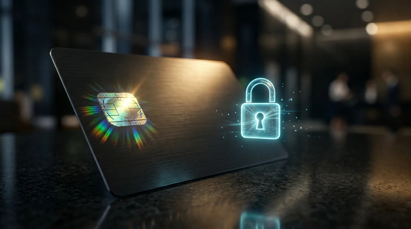 Bankkaart met een chip en een hangslot ter beveiliging van transacties